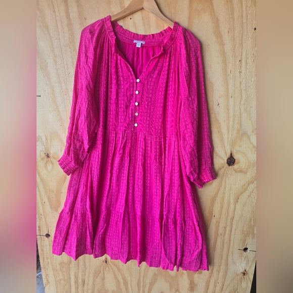 J Jill Vibrant Pink Dress Size 2X Plus Long Sleeves Popover Feminine - Picture 4 of 13
